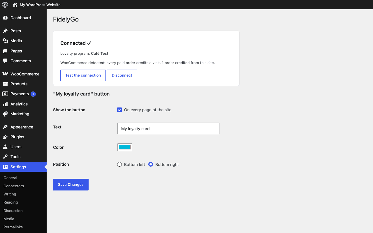 Les réglages de l'extension FidelyGo dans WordPress : site connecté, WooCommerce détecté, réglages du bouton